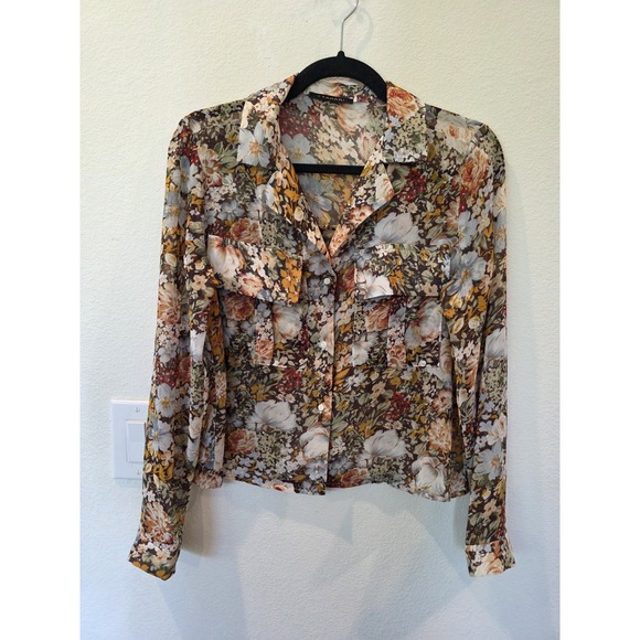 T Tahari Tops - T Tahari Brown Floral Blouse Sz S Sheer Long Sleeve Spring Luxury Fairycore